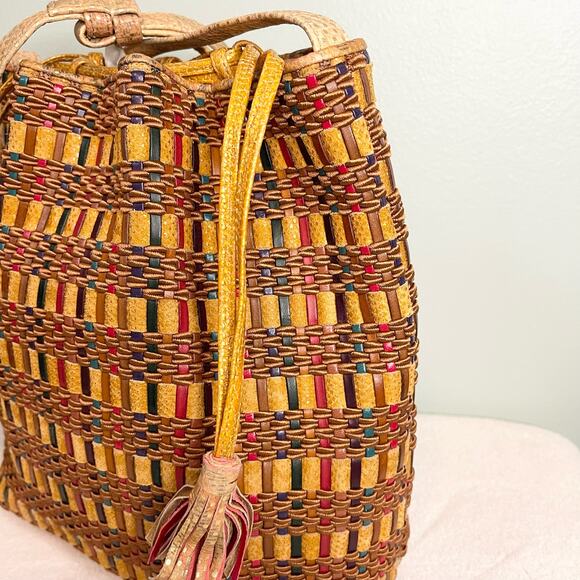 Sharif Multicolor Woven Boho Pull Tie Bucket Tassel Sling Shoulder Bag - Picture 4 of 8